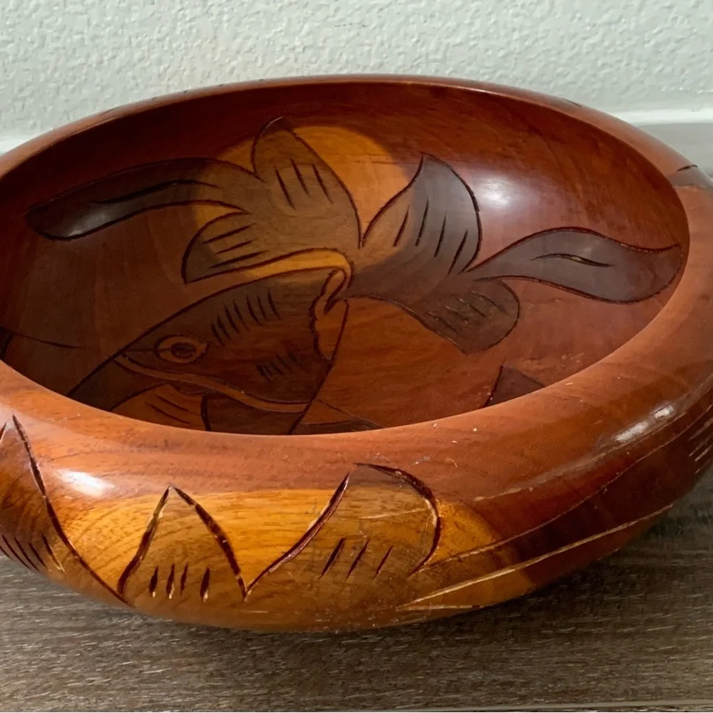 Handcrafted Wooden Bowl with Fish Design